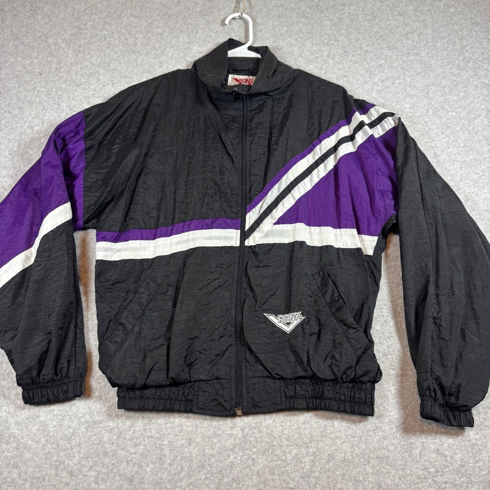 Vintage Pony Windbreaker Jacket Mens Small Black Purple Colorblock Full Zip
